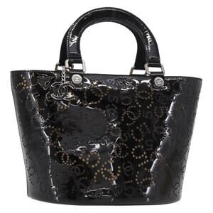 Chanel Punching Handbag Enamel Black Silver CC